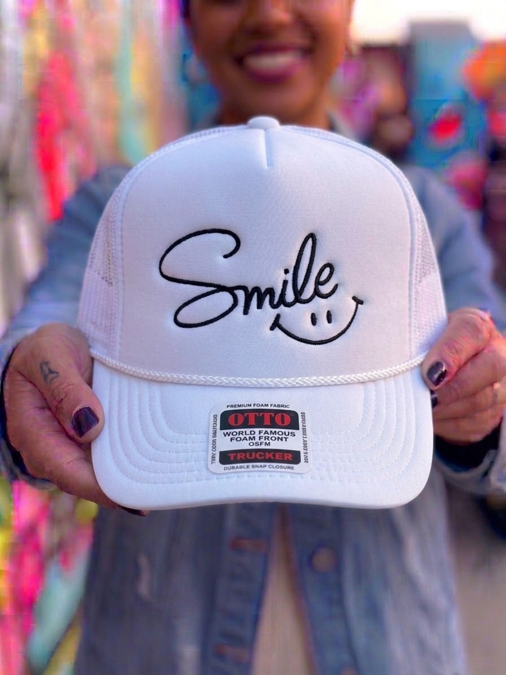 Simply Stitched “Smile” foam hat.